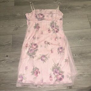 Vintage Charlotte Russe Floral Pink Spaghetti Strap Mesh Dress, Square Neck, M